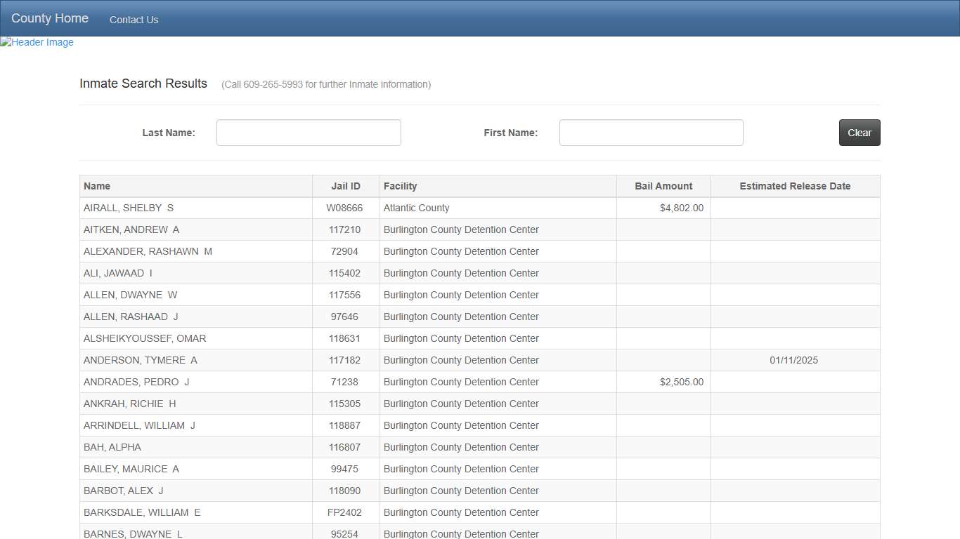 Inmate Search Results - County of Burlington